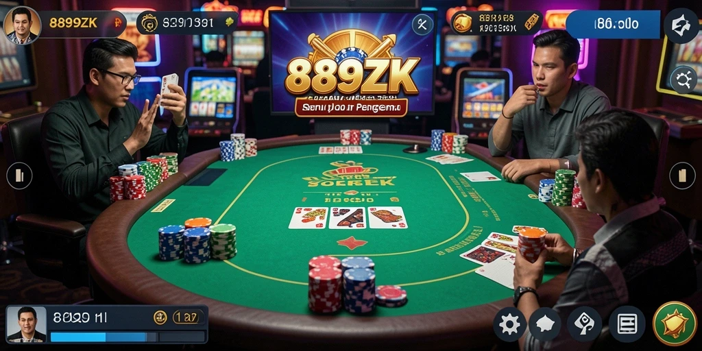 Tangkapan layar gameplay 889ZK menampilkan aksi Poker yang intens.
