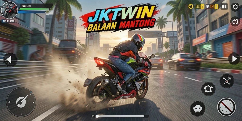 Gameplay JKTWIN menampilkan balapan motor yang seru dan kompetitif.
