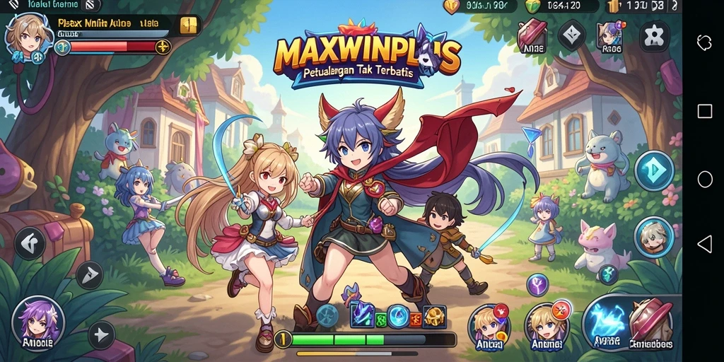 Screenshot gameplay MAXWINPLUS menampilkan pertempuran epik antara karakter Anime.