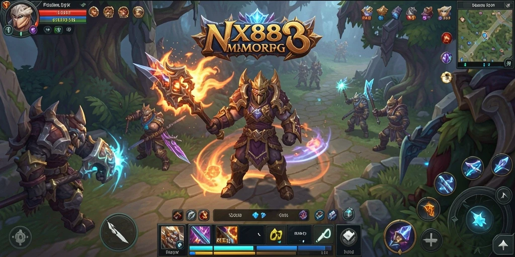 Screenshot gameplay NX888 menunjukkan pertarungan epik dalam dunia MMORPG yang menawan.