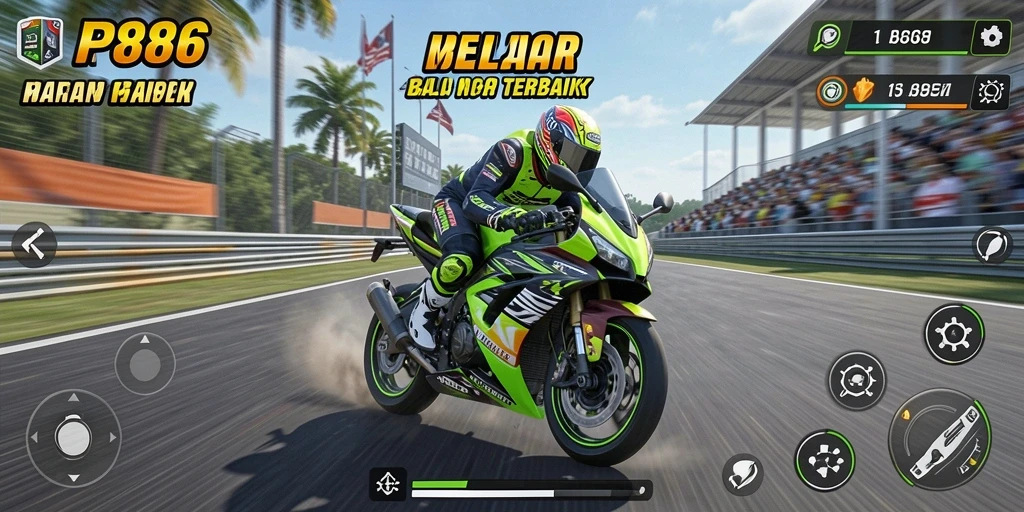 Screenshot RP886 menampilkan aksi balap motor yang seru dan menegangkan.