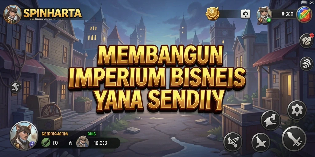 Screenshot gameplay SPINHARTA menampilkan suasana konstruksi bisnis yang mendebarkan.