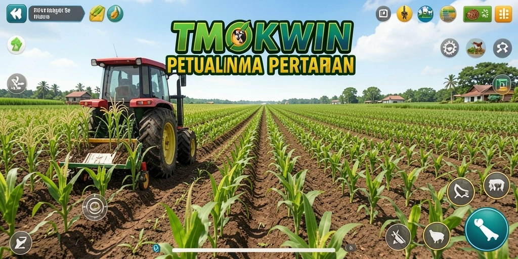 Screenshot menunjukkan pemain yang sedang bertani di TMOKWIN dengan pemandangan indah.